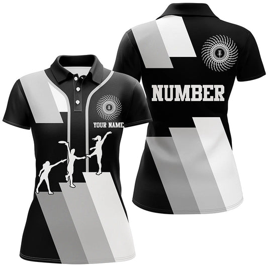 Black and white Womens disc golf polo shirts custom disco golf outfit, personalized disc golf gifts NQS6753