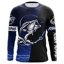 Load image into Gallery viewer, Largemouth Bass Fishing tattoo blue camo black Custom name UPF30+ performance fishing shirts fishing gift for men, women NQS2049