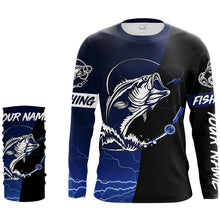 Load image into Gallery viewer, Largemouth Bass Fishing tattoo blue camo black Custom name UPF30+ performance fishing shirts fishing gift for men, women NQS2049