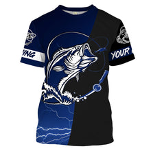 Load image into Gallery viewer, Largemouth Bass Fishing tattoo blue camo black Custom name UPF30+ performance fishing shirts fishing gift for men, women NQS2049