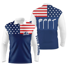 Load image into Gallery viewer, Mens golf polo shirt golf club American flag patriot golf custom name blue golf shirt, golfing gift NQS4038