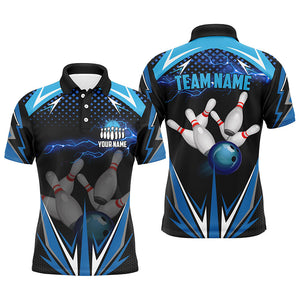 Black Men Bowling Polo Shirt Custom blue lightning team Mens Bowlers Jerseys bowling outfits NQS6506