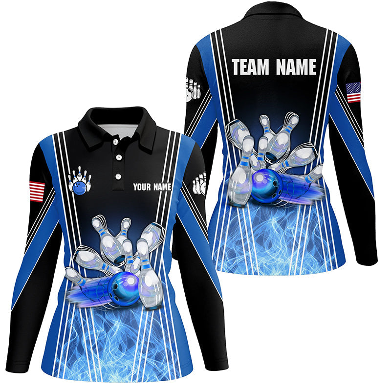 Blue flame bowling polo shirts for women Custom Team girl bowling jerseys, gift for bowlers NQS7237