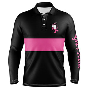 Black and pink Breast Cancer Awareness custom Mens golf polo shirts, pink ribbon golf shirts NQS6293