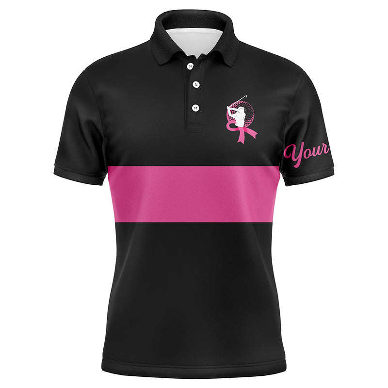 Black and pink Breast Cancer Awareness custom Mens golf polo shirts, pink ribbon golf shirts NQS6293