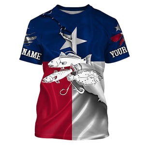 Texas flag Inshore Grand slam fishing Redfish, trout, flounder Custom name Long Sleeve Fishing Shirts NQS4064