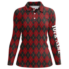 Load image into Gallery viewer, Black and red flat argyle pattern Womens golf polo shirts custom best ladies golf wear, golfing gifts NQS6526