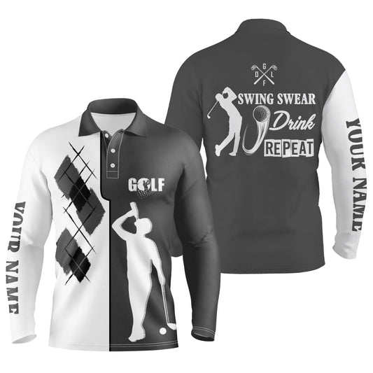 Black white Men golf polo shirts custom name swing swear drink repeat golf shirt, golf outfit men NQS4696