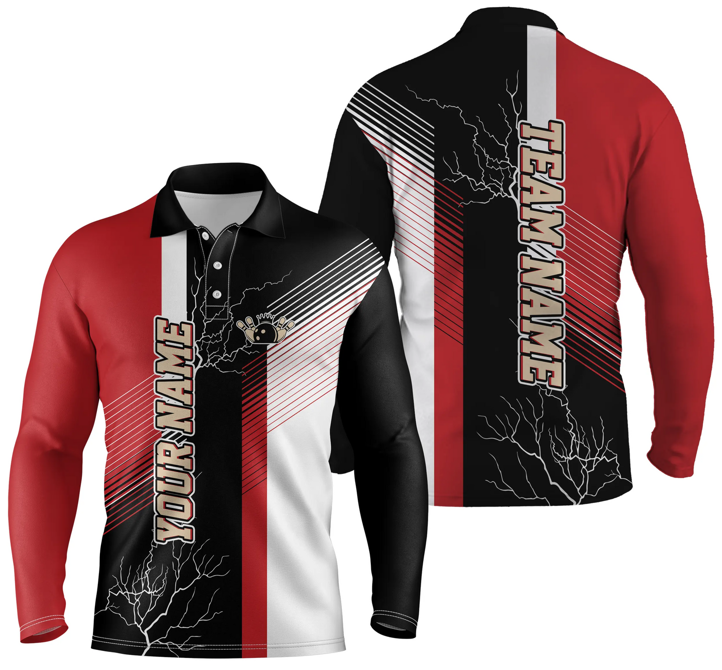 Red black personalized bowling shirt for men – custom name design side view