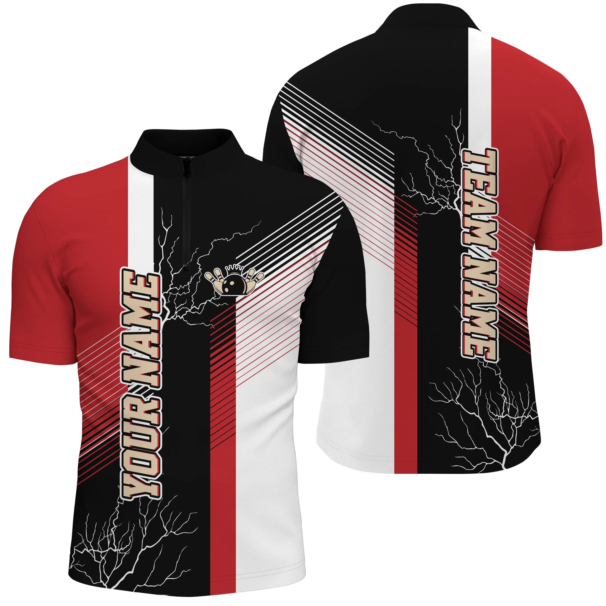 Custom Red black bowling shirt for men – personalized team jersey front view