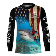 Load image into Gallery viewer, Shark Fishing 3D American Flag Patriotic Customize name All over print shirts NQS542