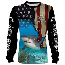 Load image into Gallery viewer, Shark Fishing 3D American Flag Patriotic Customize name All over print shirts NQS542