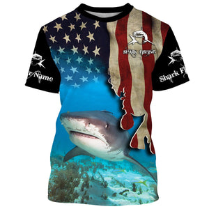 Shark Fishing 3D American Flag Patriotic Customize name All over print shirts NQS542