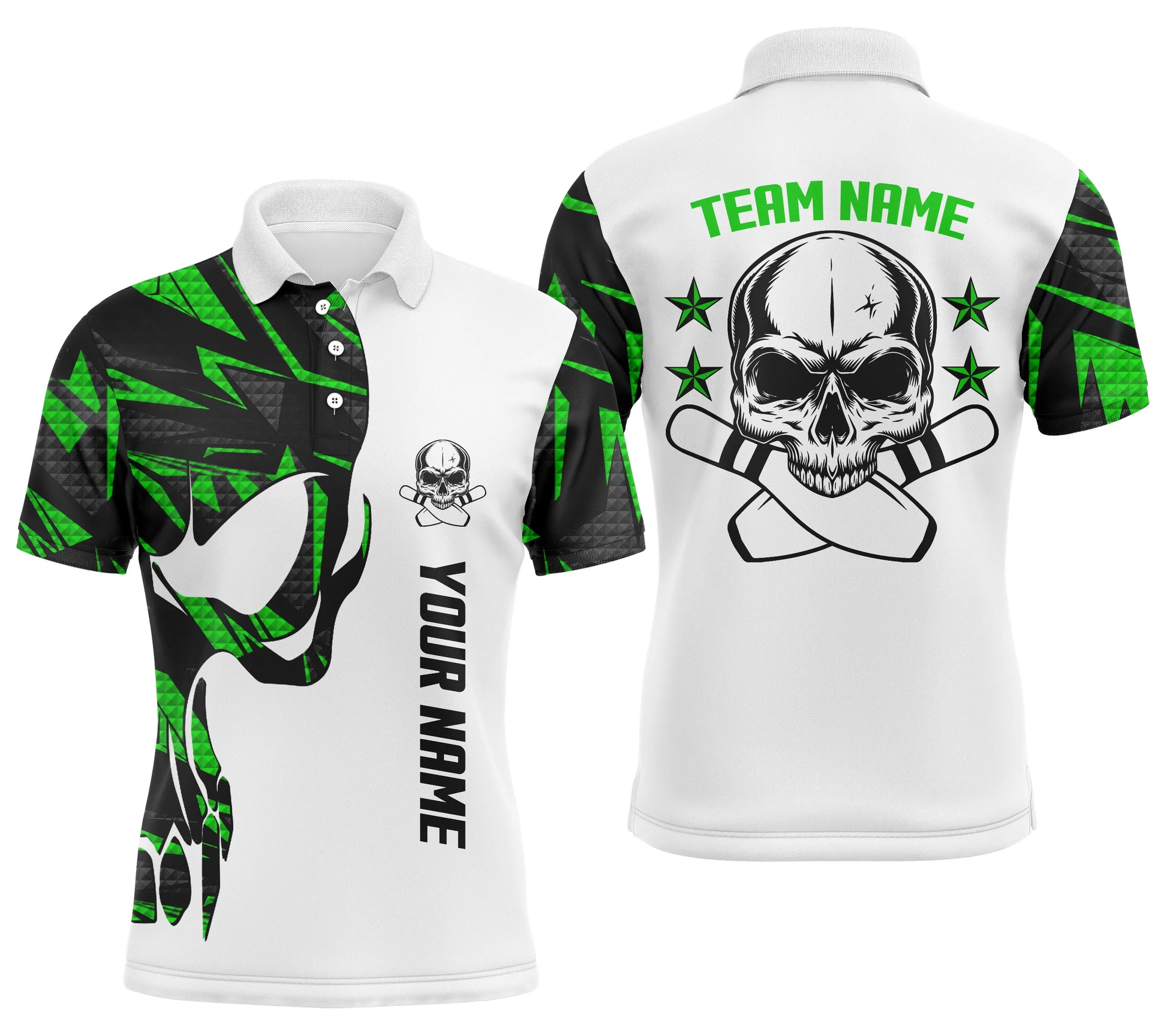 Custom Green white bowling shirt for men – personalized team jersey front view