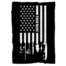 Load image into Gallery viewer, Personalized black American flag fishing icons Fishing Fleece Blanket, Gifts For Fisherman NQS7006