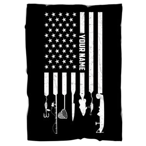 Personalized black American flag fishing icons Fishing Fleece Blanket, Gifts For Fisherman NQS7006
