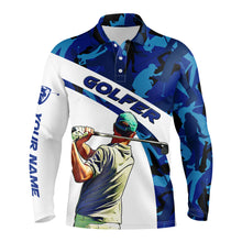 Load image into Gallery viewer, Mens golf polo shirt blue camo custom name best mens golf wear, personalized golf gifts NQS3437