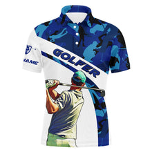 Load image into Gallery viewer, Mens golf polo shirt blue camo custom name best mens golf wear, personalized golf gifts NQS3437