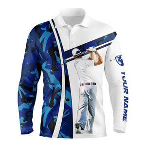 Personalized blue camo mens golf polo shirts custom name golf outfit men, golf gift ideas for him NQS3573