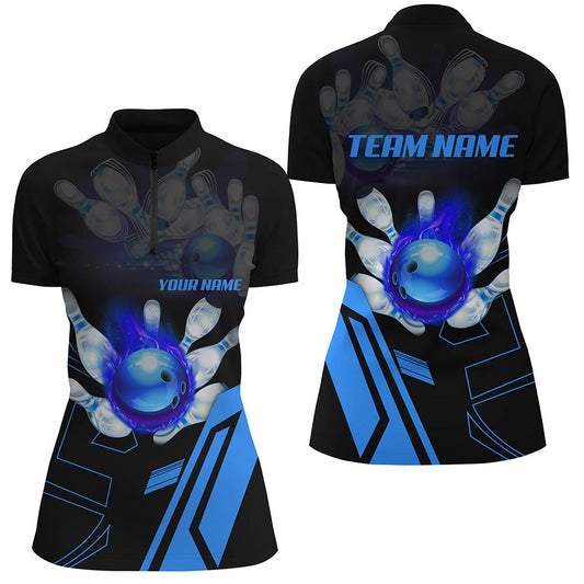 Black flame bowling ball pins jerseys Custom Team League Bowling Quarter Zip Shirts For Women | Blue NQS6557