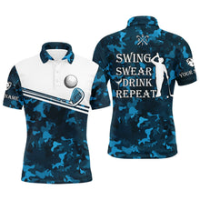 Load image into Gallery viewer, Mens golf polo shirt swing swear drink repeat custom name cerulean blue camo white men golf shirts NQS4883