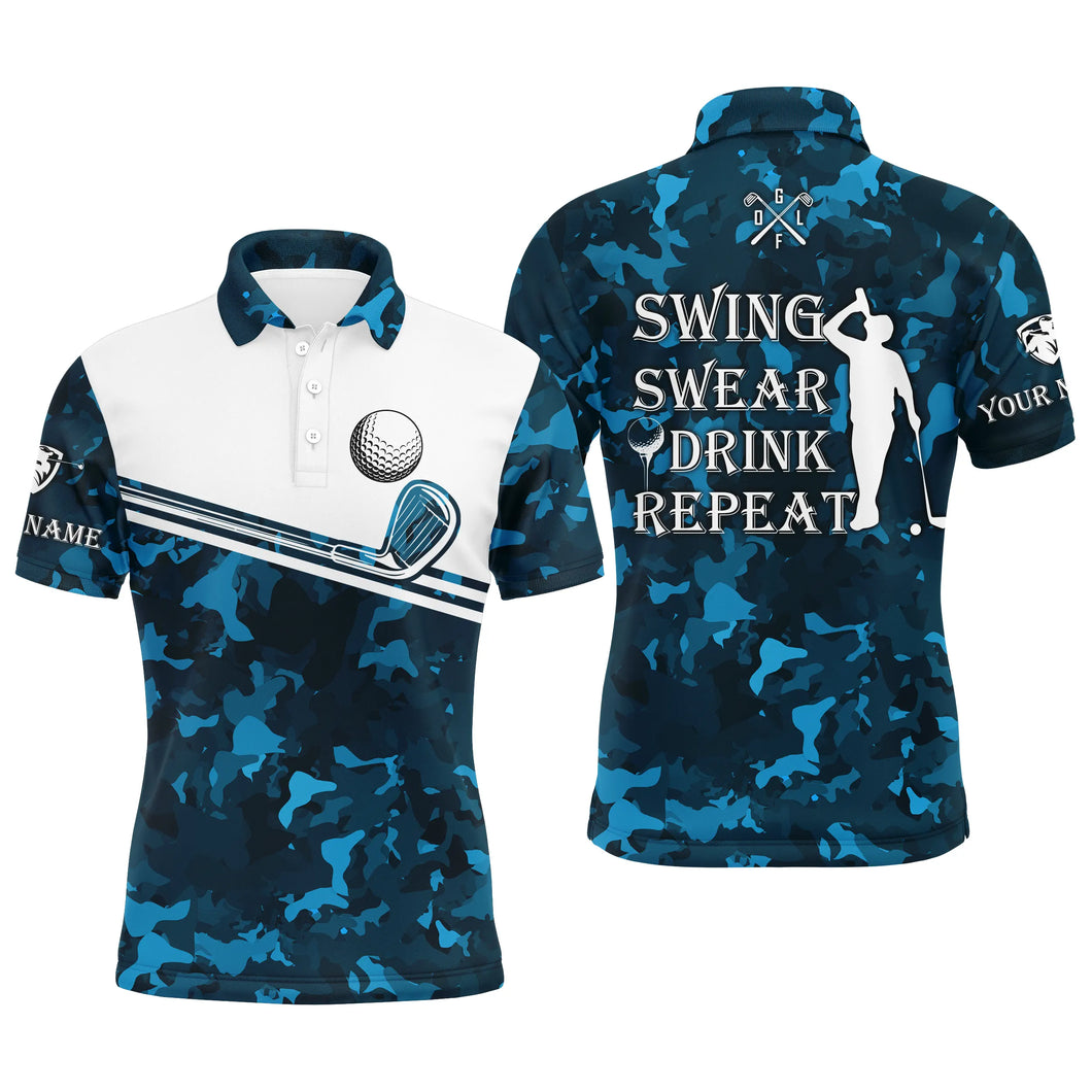 Mens golf polo shirt swing swear drink repeat custom name cerulean blue camo white men golf shirts NQS4883