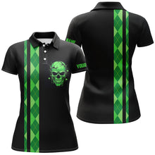 Load image into Gallery viewer, Personalized green argyle plaid skull Womens golf polo shirts, custom black golf apparel for ladies NQS7269