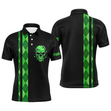 Load image into Gallery viewer, Personalized green argyle plaid skull Mens golf polo shirts, custom black golf apparel for mens NQS7269