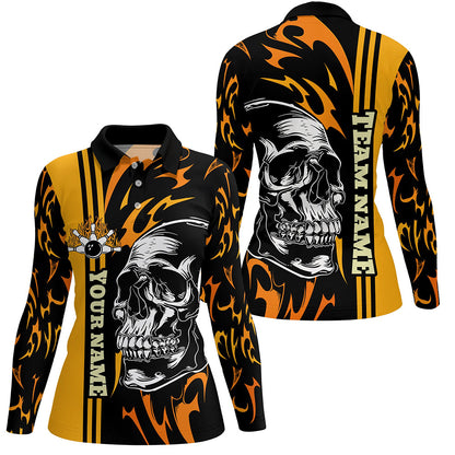 Women bowling polo shirt Custom black and yellow flame skull Bowling ball and pins Team league Jerseys NQS7275