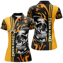 Load image into Gallery viewer, Women bowling polo shirt Custom black and yellow flame skull Bowling ball and pins Team league Jerseys NQS7275