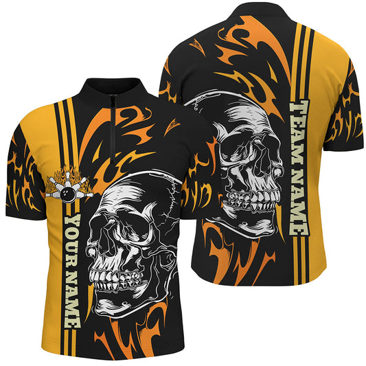 Men bowling Quarter Zip shirts Custom black and yellow flame skull Bowling ball pin Team league Jersey NQS7275