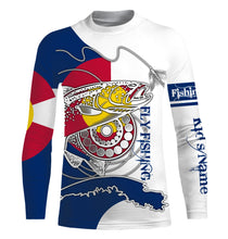 Load image into Gallery viewer, Trouts fly fishing Colorado flag Custom Name UV sun protection UPF 30+ performance fly fishing shirts NQS3580