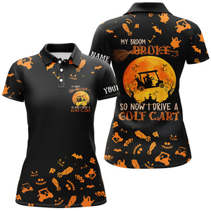 Funny black orange Halloween women golf polo shirts custom my broom broke so now I drive a golf cart NQS6353