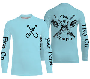 Fish Reaper Fish on Custom Name 3D All over printed Fishing Shirts light blue fishing shirts, fishing jerseys NQS2812