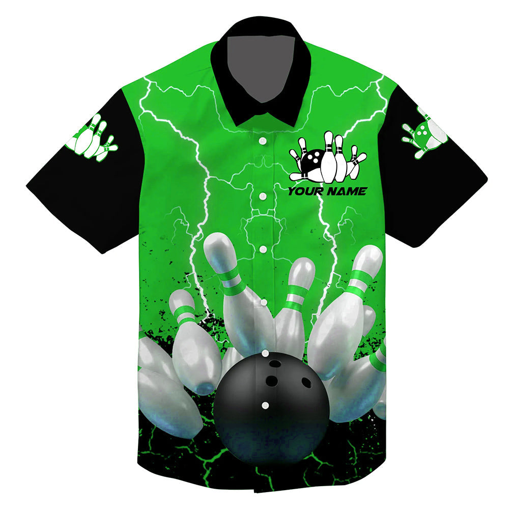 Green lightning hawaiian bowling shirts, Personalized men's bowling team button up bowling shirts NQS7280