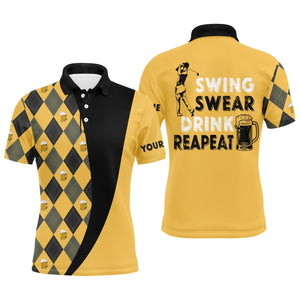 Mens golf polo shirts custom name swing swear drink repeat, personalized beer golf shirt for men NQS4671