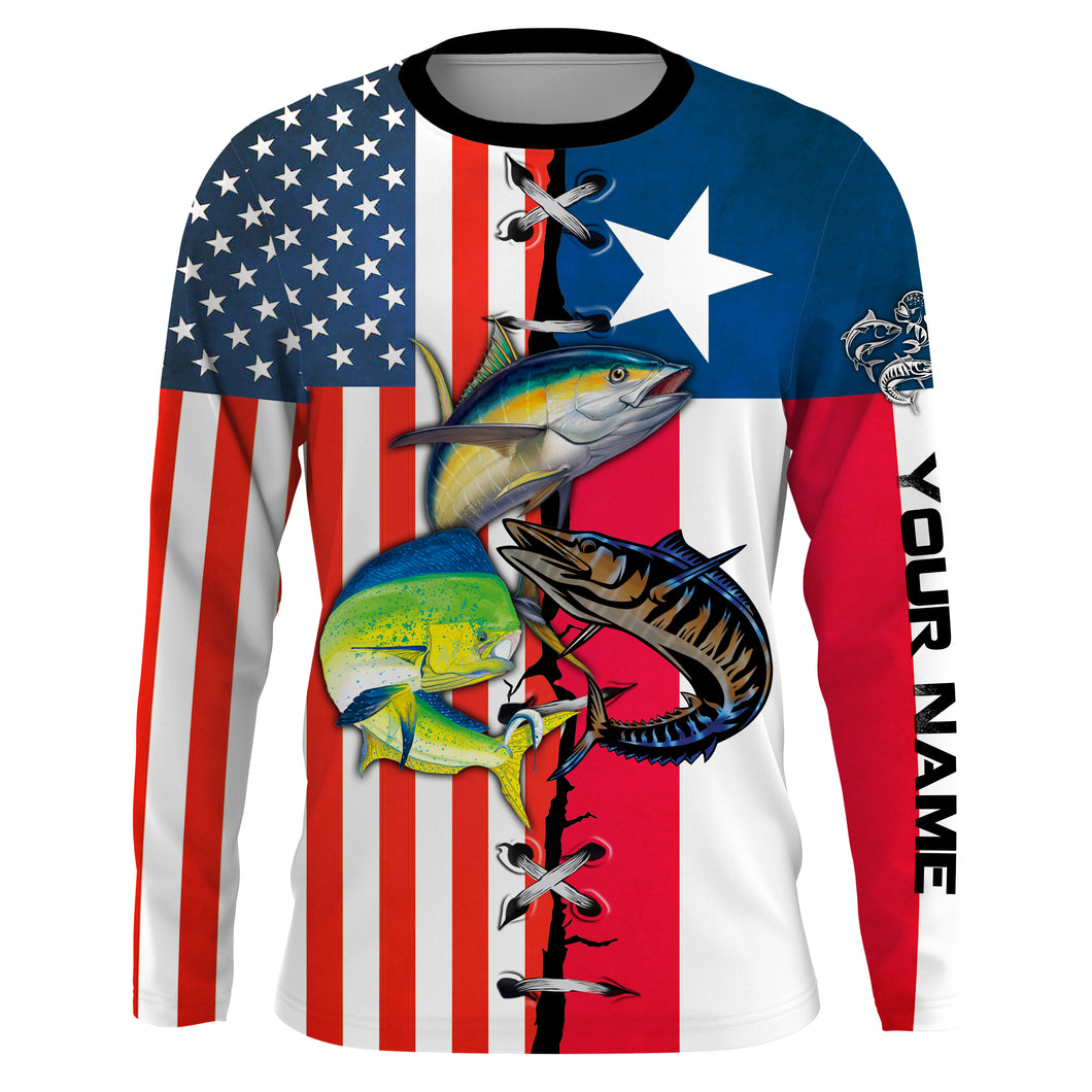 Mahi mahi, yellowfin Tuna, Wahoo Fishing American and Texas flag UV protection quick dry customize name long sleeves shirt UPF 30+ personalized gift for Fishing lovers - NQS719