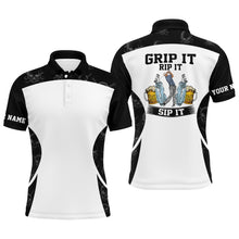 Load image into Gallery viewer, Funny Men golf polo shirts Grip it rip it sip it custom name golf skull pattern, black white polo NQS4127