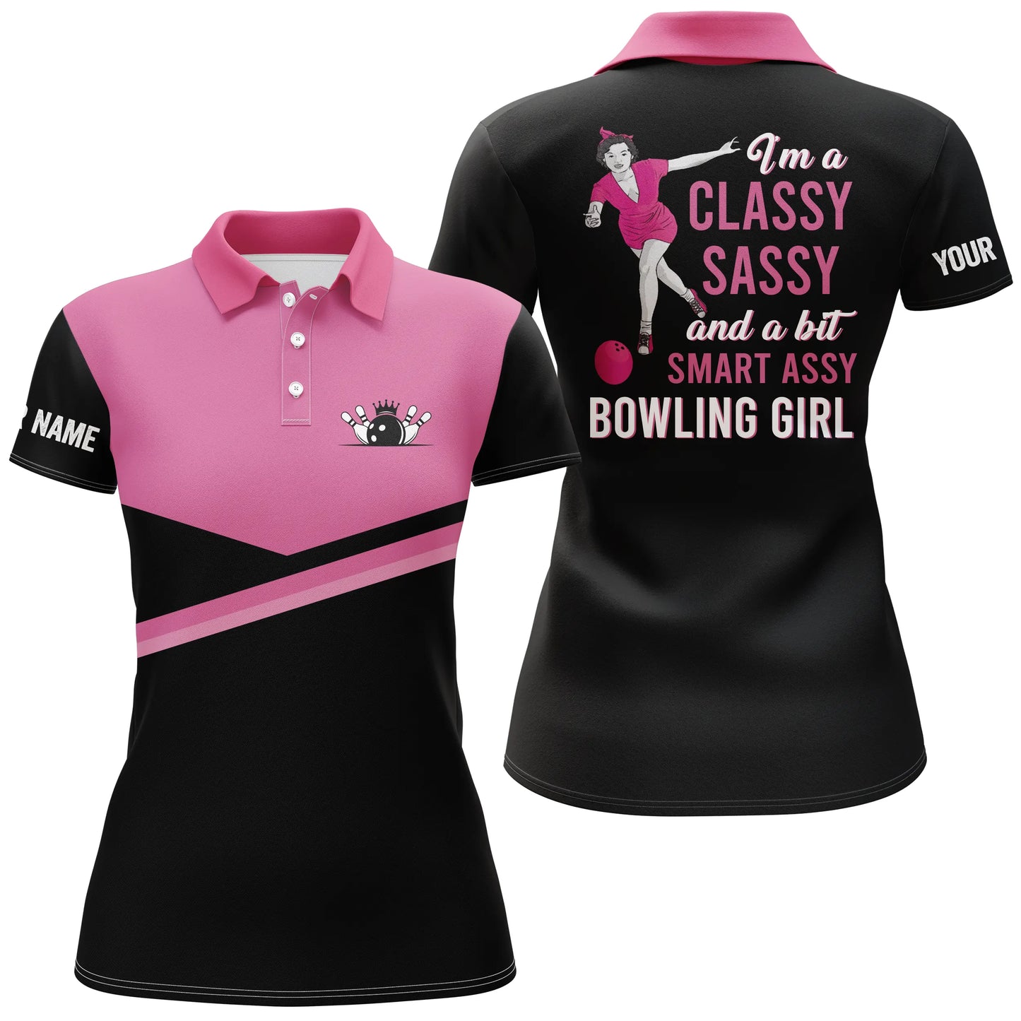Custom pink bowling shirt for women – personalized team jersey front view