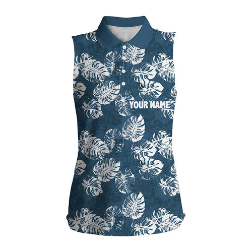 Women sleeveless golf polo shirts custom blue tropical monstera leaves pattern team ladies golf tops NQS7298