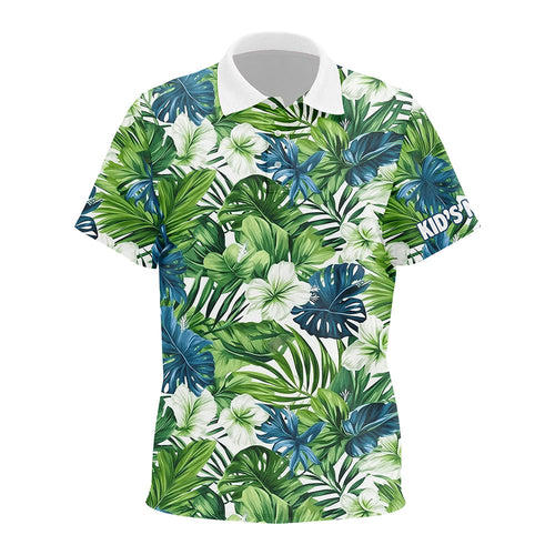 Kid golf polos shirts custom green tropical flower leaves pattern team golf tops for Kid NQS7299