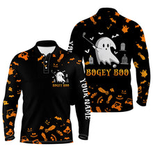 Load image into Gallery viewer, Funny black orange Halloween background mens golf polo shirts custom Bogey Boo mens golf tops NQS6393