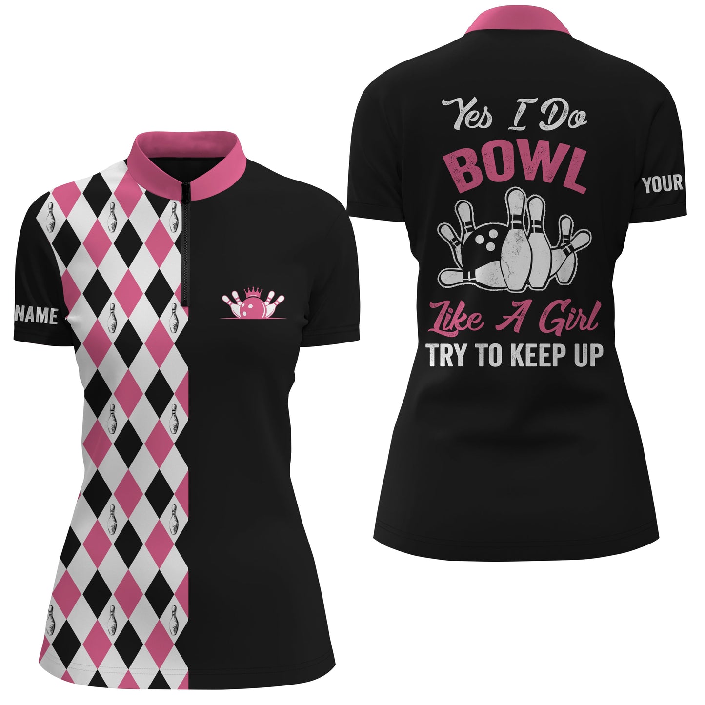 Custom Pink bowling shirt for women – personalized team jersey front view