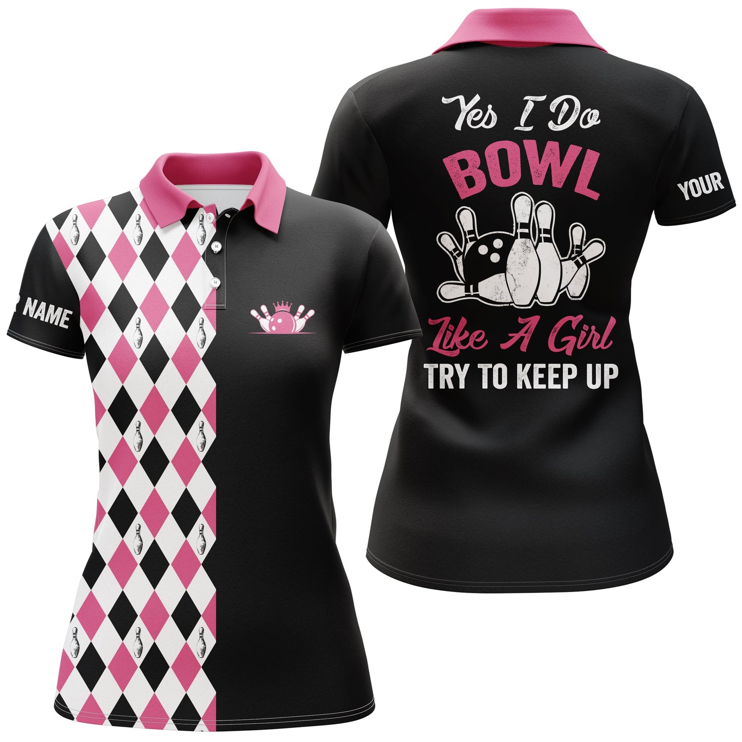 Custom pink bowling shirt for women – personalized team jersey front view