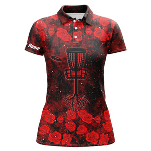 Red roses pattern disc golf basket women polo shirts custom name disc golf polo shirts for women NQS4679