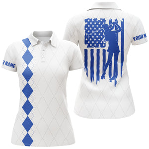 Womens golf polo shirt blue American flag patriotic golf shirts custom name golf gifts NQS4943