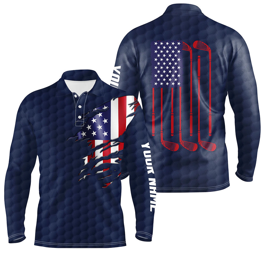Mens golf polo shirts navy golf ball American flag patriotic golf clubs custom name golfing gifts NQS6636