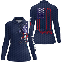 Load image into Gallery viewer, Womens golf polo shirt navy golf ball American flag patriotic golf clubs custom name golfing gifts NQS6636