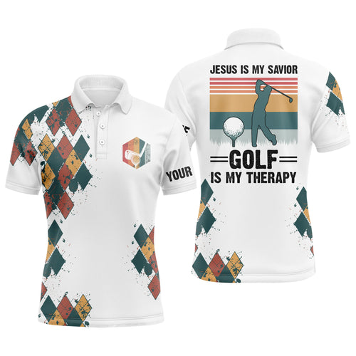 Mens golf polo shirts Jesus is my savior golf is my therapy custom name vintage best mens golf wear NQS4967