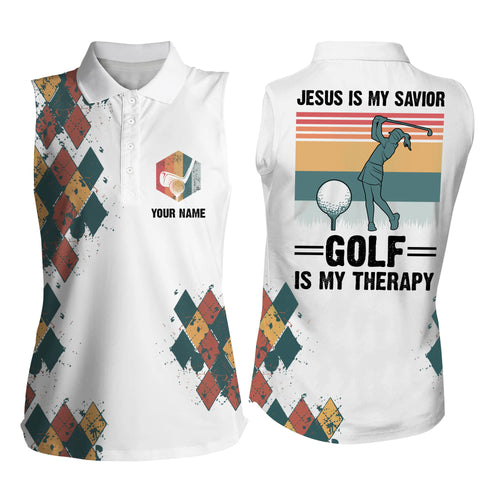 Women Sleeveless polo shirt Jesus is my savior golf is my therapy custom name vintage ladies golf tops NQS4967